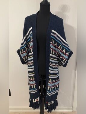 2000s Hollister Navy Open-Front Southwest Long Poncho Cardigan Fringe, M/L